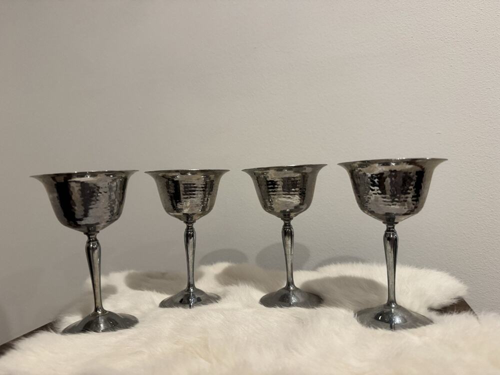 4 Hammered Silver Tone Drinking Chalices Cups Stemmed Glasses MCM Barware READ